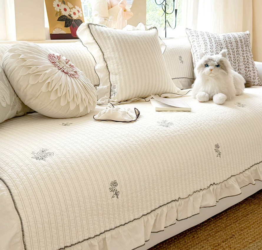 Romantic Embroidered Washed Cotton Sofa Cover